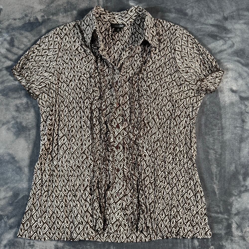 East 5th Blouse Womens Petite Large Brown Geometric Ruffle Work Top